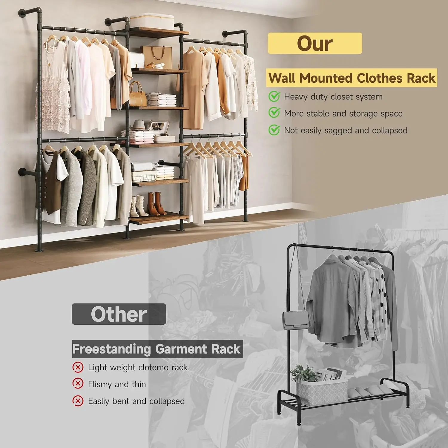 Rustic Brown Wall Mounted Industrial Pipe Closet Organizer System with 6 Wooden Shelves & 4 Telescopic Garment Rods, Heavy Duty Clothing Storage Rack for Wardrobe view 4