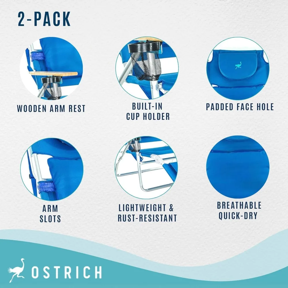 كرسي شاطئ مبطن مع وسادة للوجه ومساند للذراعين - كرسي أزرق خفيف الوزن قابل للطي مع مسند ظهر قابل للتعديل