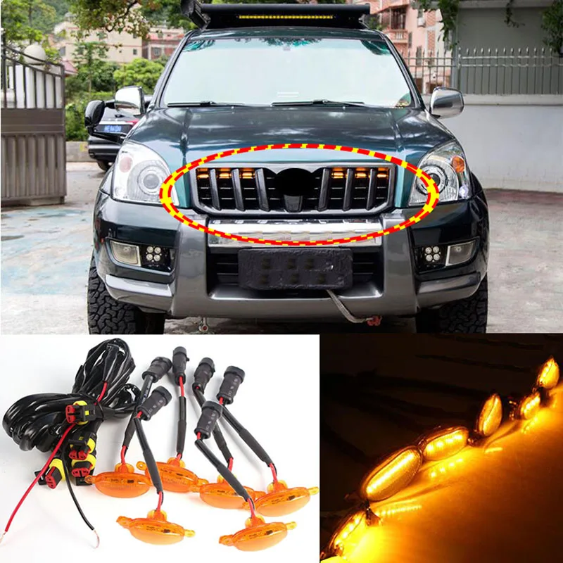 6pcs Black LED Amber Front Grille Lights For Toyota Prado FJ120 LC120 2003-2009