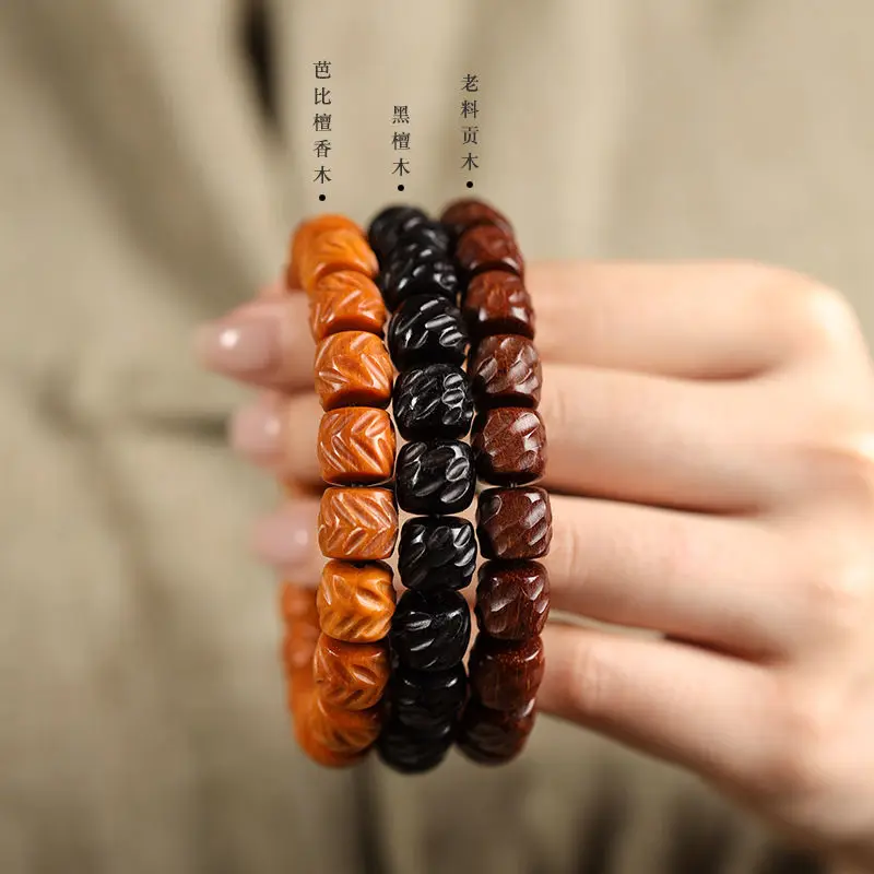 Natural Handmade Carved Hammer Beads Log Sandalwood Ebony Old Material Gongmu Old Beads Single Ring for Lovers Hand String Gifts