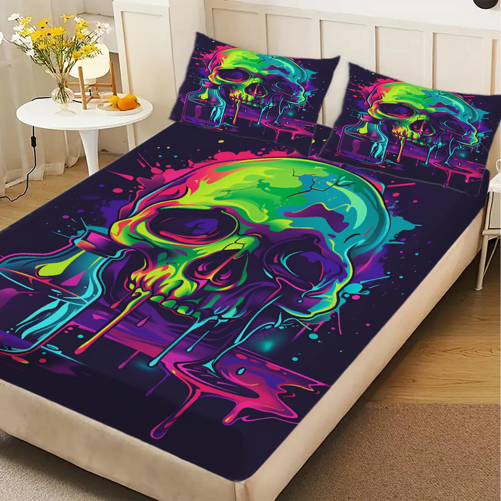3pcs Fitted Sheet Set Skull 3D Printed Colorful Drip Paint Breathable Easy Care Bed Sheet With Pillowcases For Bedroom Decor