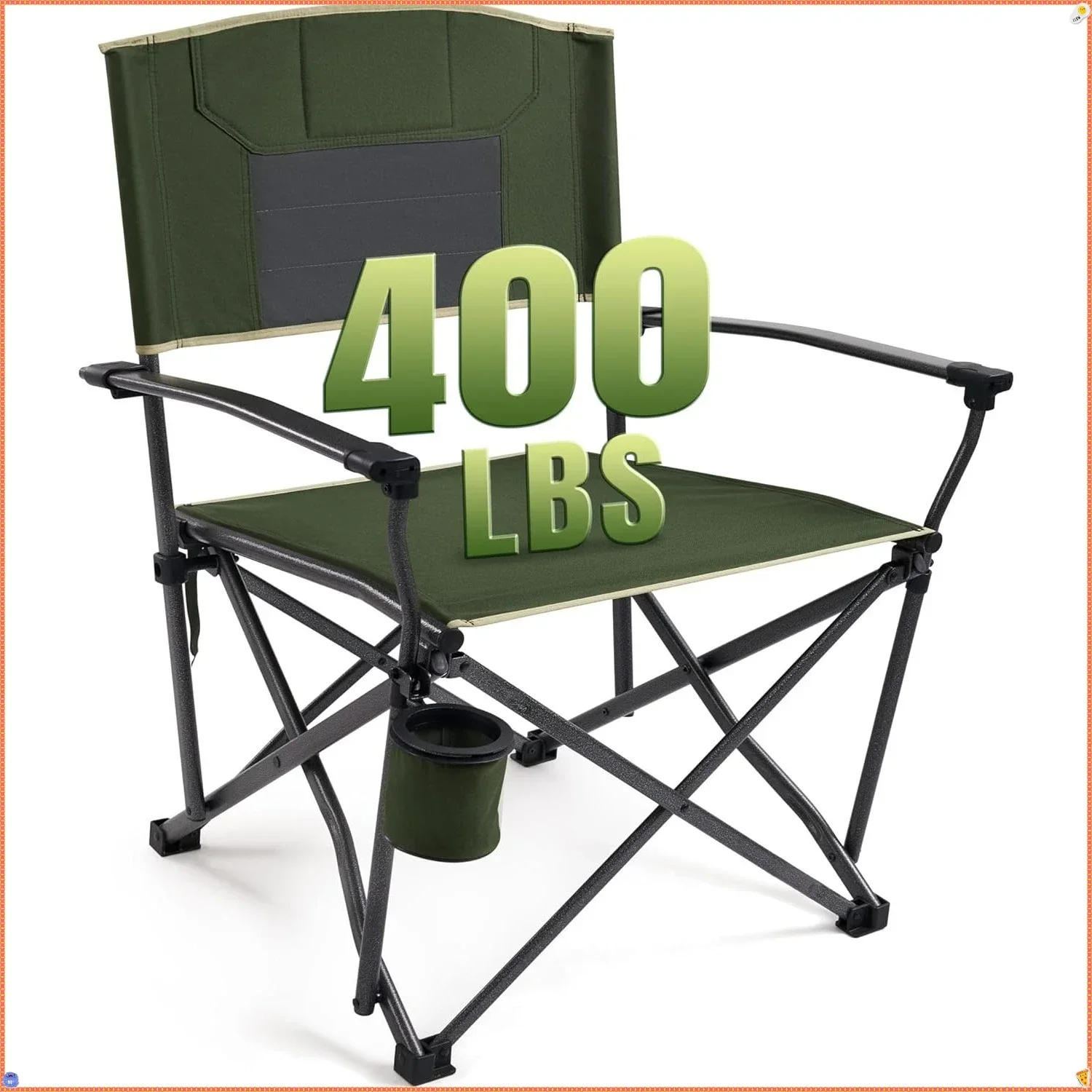 كرسي تخييم عالي التحمل للبالغين بسعة وزن 400 رطل، كرسي كبير الحجم قابل للطي مع حامل أكواب ومساند للذراعين