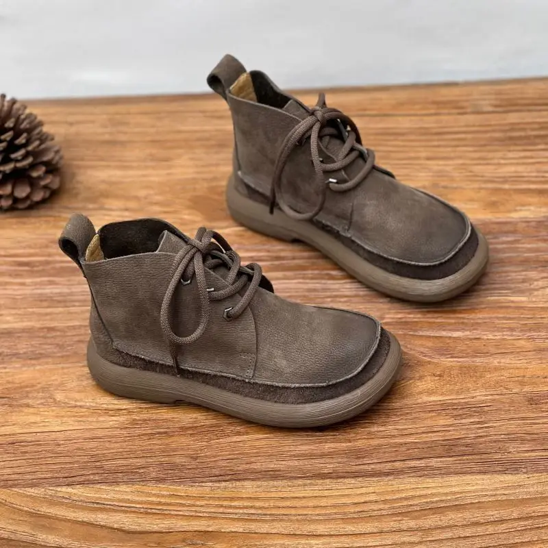 Womens Boots Retro Handmade Leather Boots Lace Up Casual Ankle Boots Luxury Cowhide High-top Boot Winter Warm Women Cotton Shoes