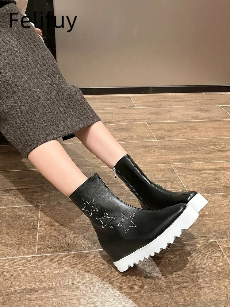 Stars Black Platform Wedge Ankle Boots For Women Zipper Height Increasing Modern Boots Ladies Real Leather Shoes Boots