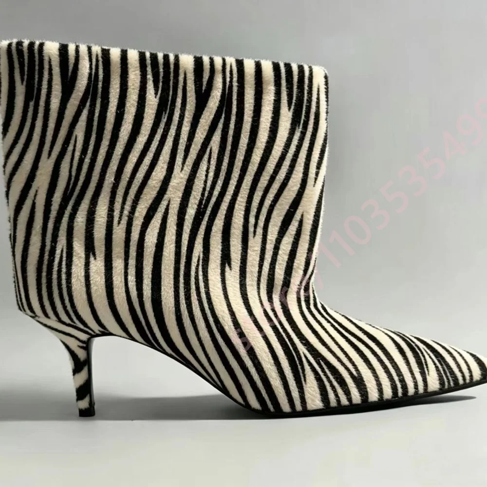 Women Stylish Zebra Striped Ankle Boots Pointed Toe Kitten Heel Slip-On Trendy Animal Print Evening Party Fashion Short Boots