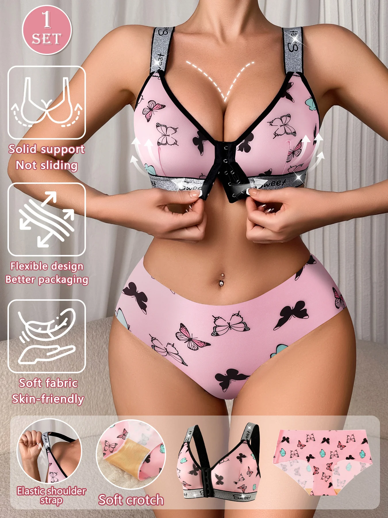 1 Set of Pink Front Button Women's Underwear Set, Widened Shoulder Strap Without Steel Ring Bra and Seamless Underwear