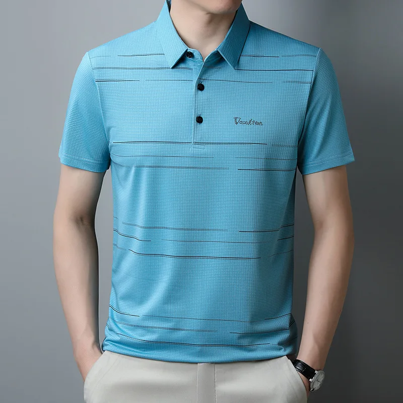 

2023 Summer New Men's Line Printed Casual Loose Short Sleeve T-shirt Breathable Hot Drill Lapel T-shirt