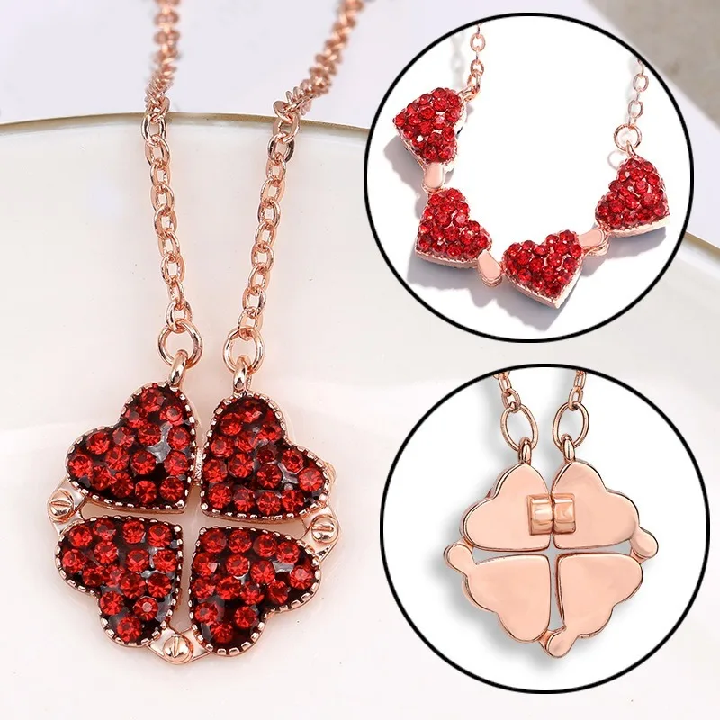 Trendy Red Black Double Side Magnet Buckle Heart Clover Pendant Women Necklaces Female Double Wear Stainless Steel Neck Chain