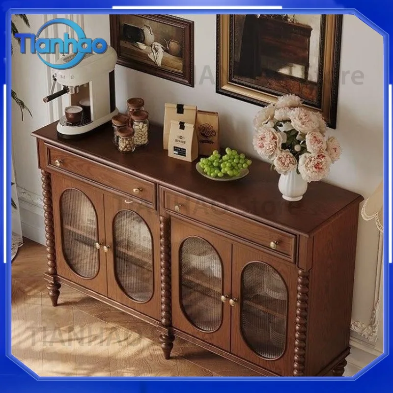 Retro Wall-Mounted Dining Side Cabinet for Living Room Tea Storage Kitchen Cupboard American French Style Wine Cabinet Solid