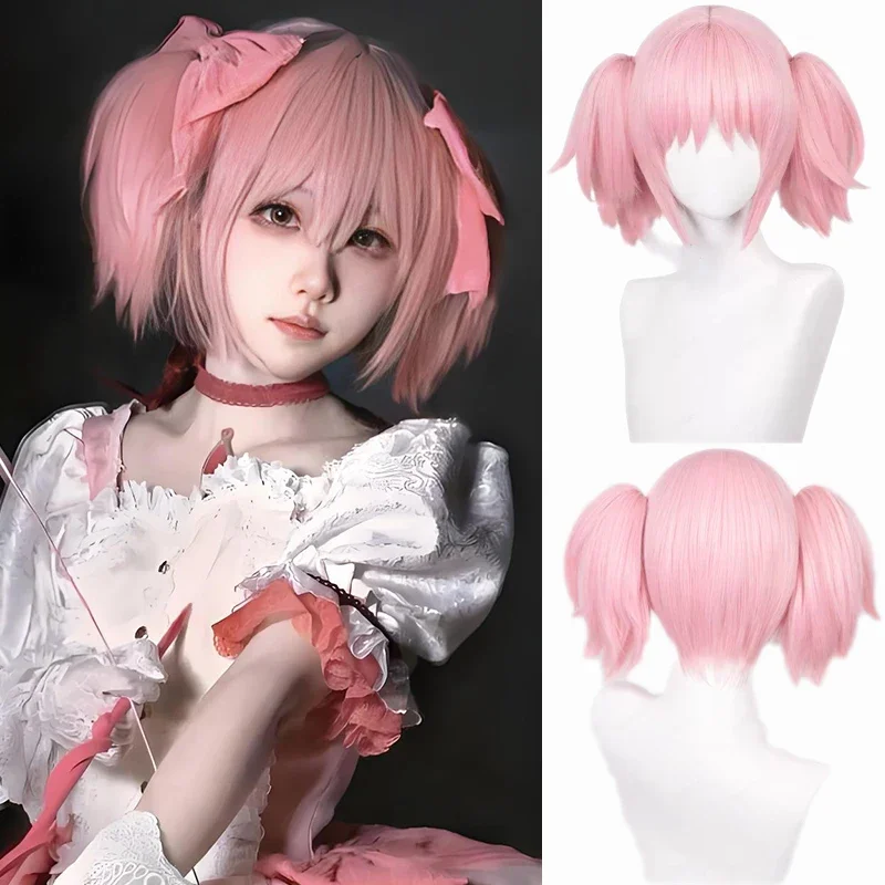 Madoka Kaname Cosplay Perücke Hohe Qualität Rosa Kurze Clip Pferdeschwänze Synthetische Haar Party Anime Cosplay Perücken