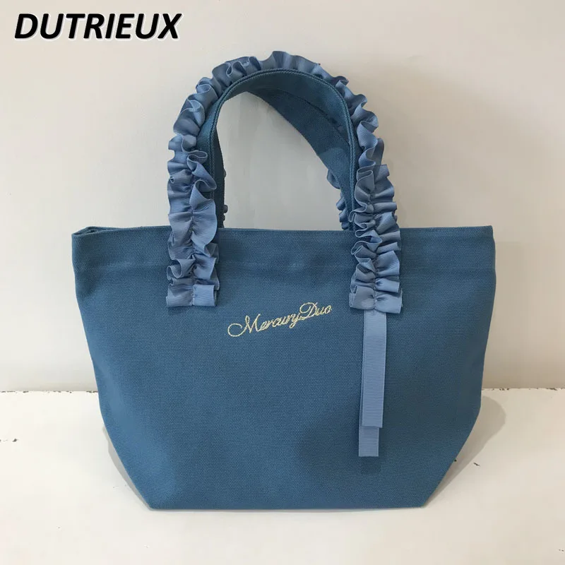 Women's Handbags Pleated Lace Decorative Cotton Canvas Handbag Soft Buggy Bags Soft Canvas Eco-friendly Shopping Bag Female