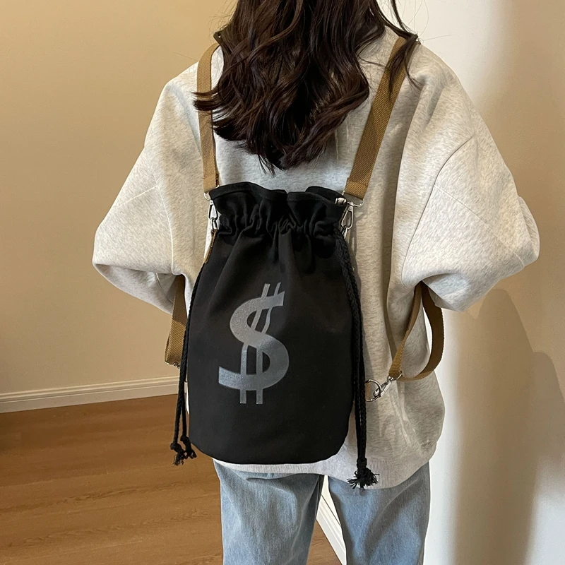 Tiptoegirls Streetwear Dollar Symbol Drawstring Sling Bag Black Canvas Shoulder Bag for Men Women Lightweight Hip-Hop Backpack