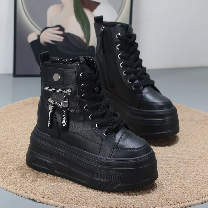 2026 New 10CM 12CM Platform Wedge Shoes Leather Spring Autumn Walking Sneakers Hidden Heels Women Autumn Chunky Sneaker Fashion