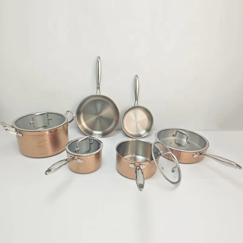 wholesale and retail 10 pcs pots and pans hammered stainless steel 304 cooking pot copper cooker pot set