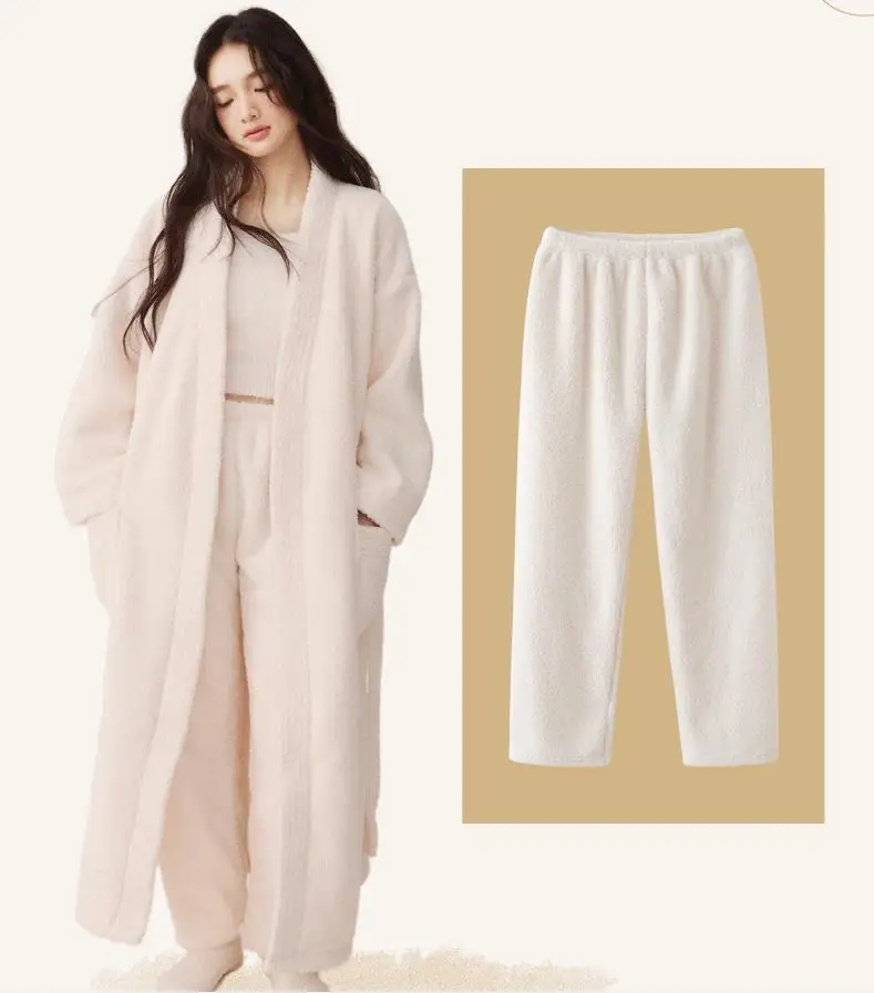 New Arrival Sleepwear Sets 3PC Robe Pants Thickened Flannel Pajamas Couple Bathrobe Solid Color Lengthed Home Clothes Night Robe