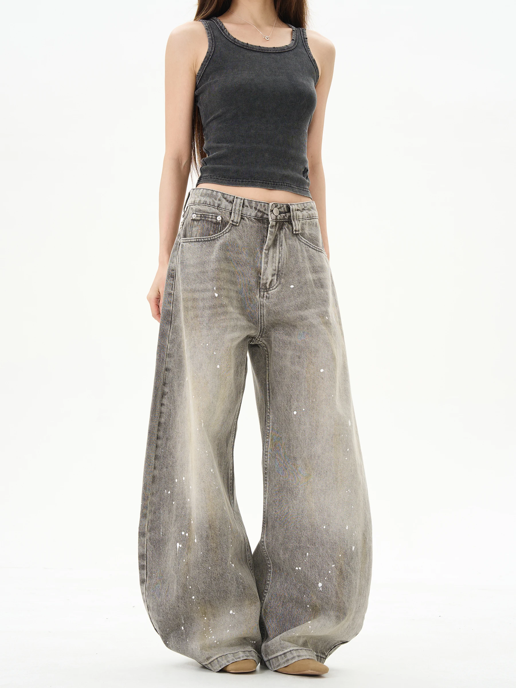 

Retro American High Street Splashed Ink Jeans Loose Wide Leg High Waist Long Pants for Women And Men Casual Loose Fit Denim