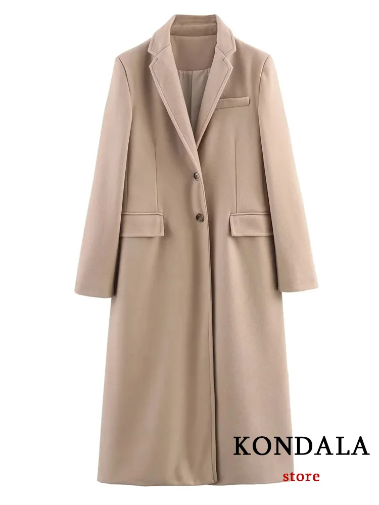 KONDALA Casual Vintage Chic donna soprabito cammello tasche solide monopetto lungo cappotto allentato moda 2024 autunno inverno cappotto