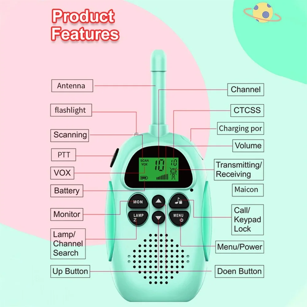 2PCS Walkie Talkie Kids Mini Portable 3-5km Long Range 1000mAh Battery Radio Interphone Toys with Flashlight for Boys Girls Gift