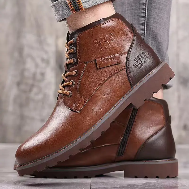 Leather Men Ankle Boots Plus Size High Top Shoes Outdoor Work Casual Shoes Motorcycle Military Combat Boots Fashion Autumn Brown