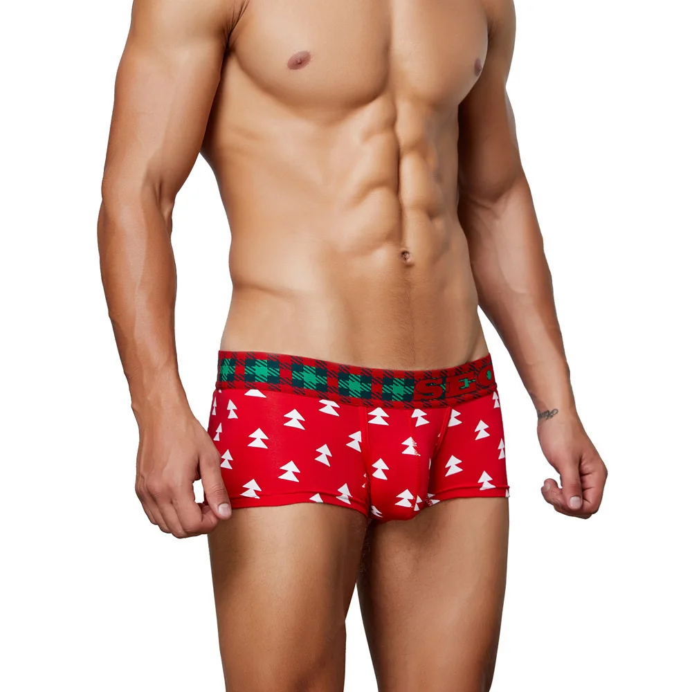 Cuecas boxer padrão árvore de Natal masculina, roupa interior confortável, cuecas de algodão