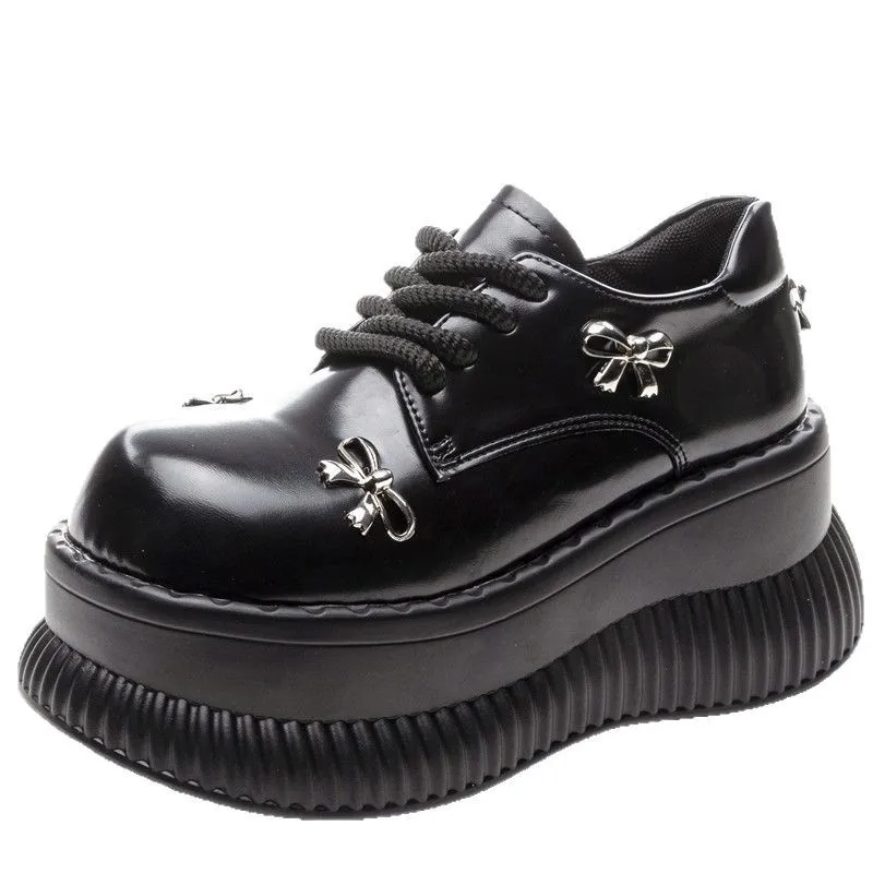 2025 플랫폼 로퍼 여성용 봄 소프트솔 논슬립 브리티시 컬리지 스타일 레이스업 리본 작은 가죽 신발
