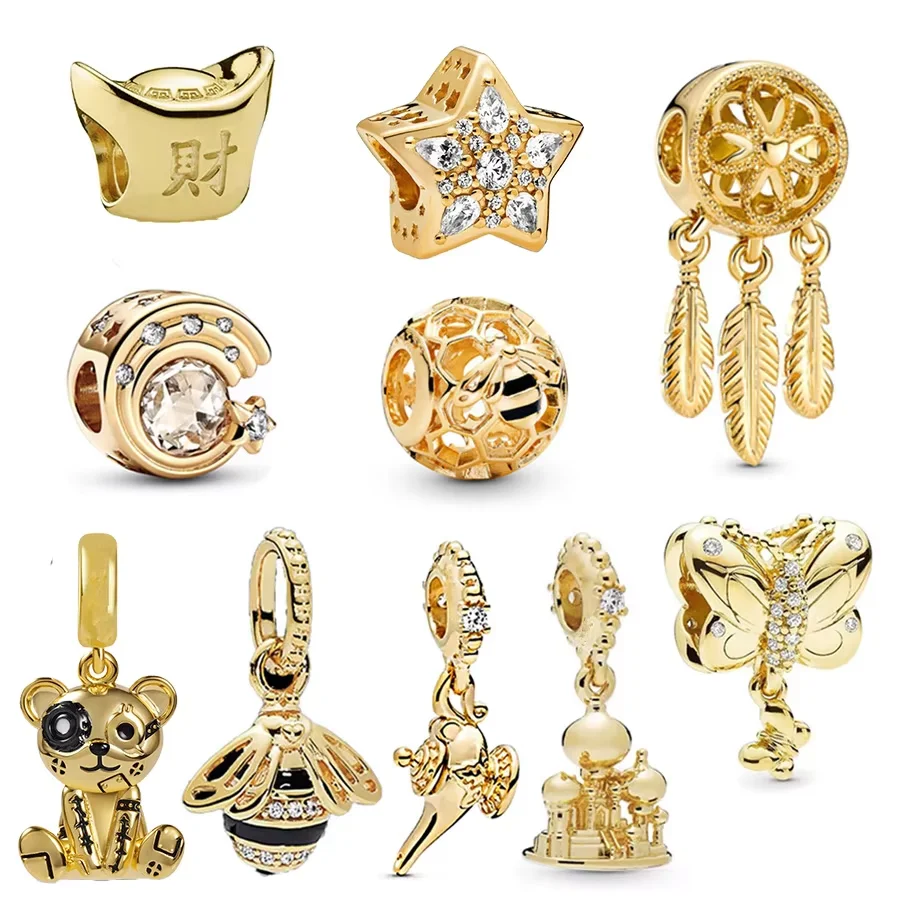 Gold Plated Lucky Cat Bullfight & Honeybee Dangle Charm Beads Fit Original Pandora 925 Sterling Silver Bracelet DIY Jewelry Gift