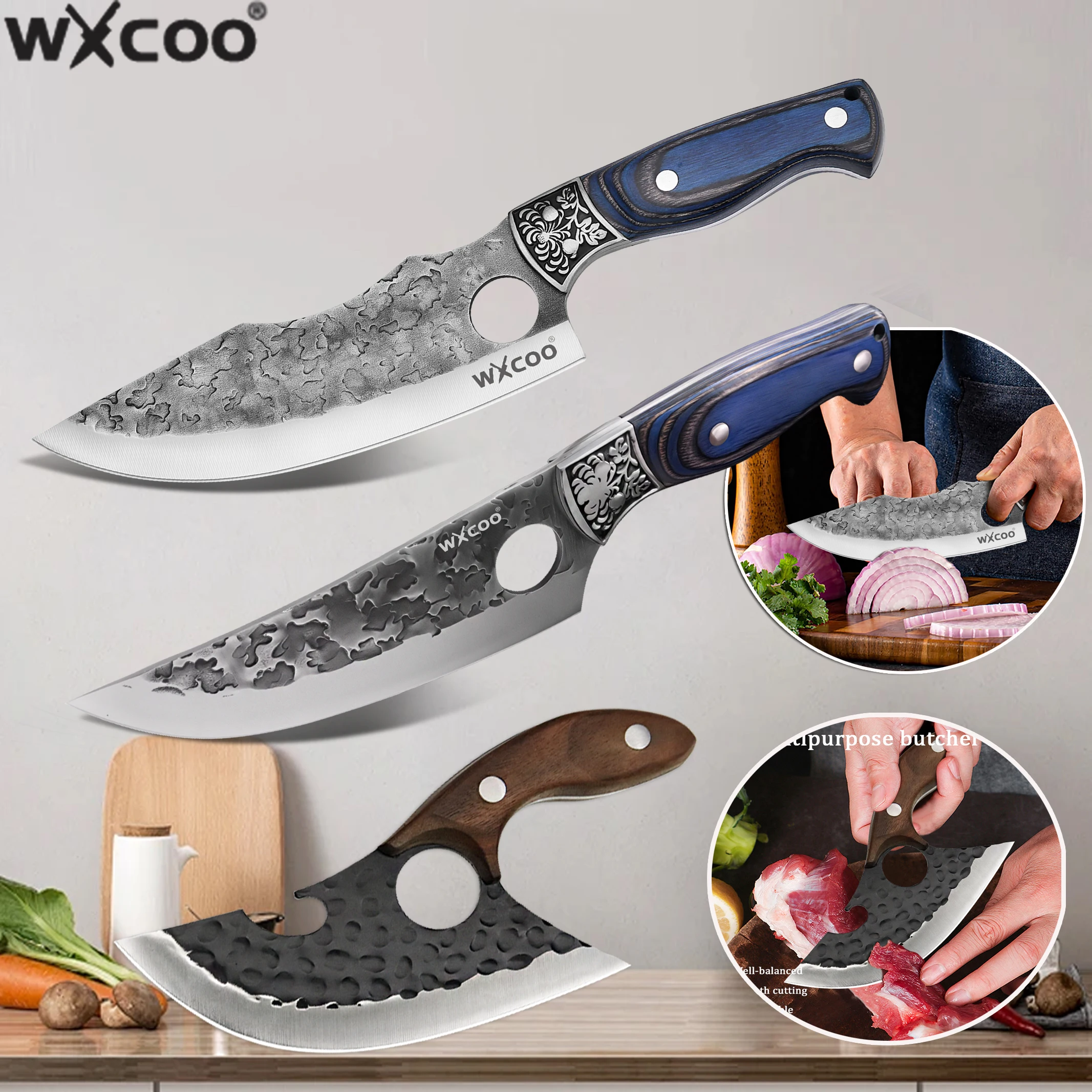 Multifunktionales Metzgermesser mit Scheide, Küchenmesser, Fleischbeinmesser, Grillschneider, handgeschmiedetes Kochmesser aus Edelstahl