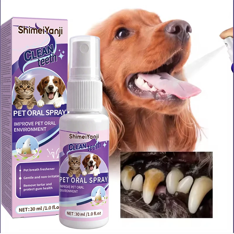 SHIMEIYANJI 30ml Pets Oral Hygiene Cleaning Spray Eliminate Tartar Plaque Bacteria Refresh Breath Gentle Sterilizing for Dog Cat