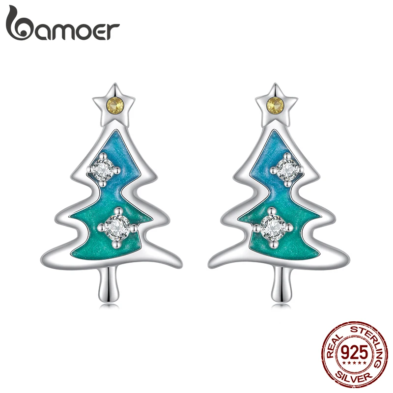 

BAMOER 925 Sterling Silver Christmas Tree Stud Earrings, Gold Plated Hypoallergenic Earrings Christmas Gift for Girl SCE1811