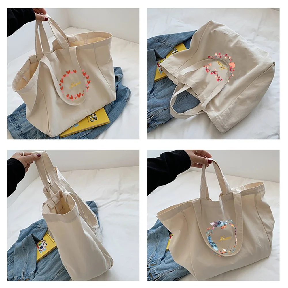 Reusable Shopping Bag Custom Personalized Name Big Size Tote Portable Shoulder Bag Women Handbags Foldable Travel Grocery Pouch