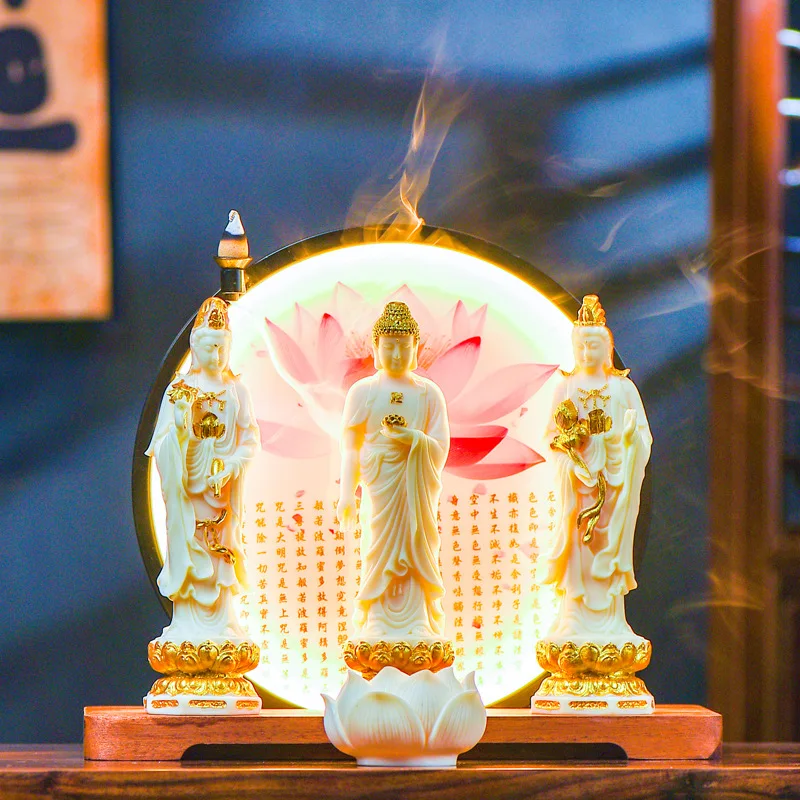 The Western Three Saints Buddha Statue is a backlit Zen ornament dedicated to Amitabha Buddha