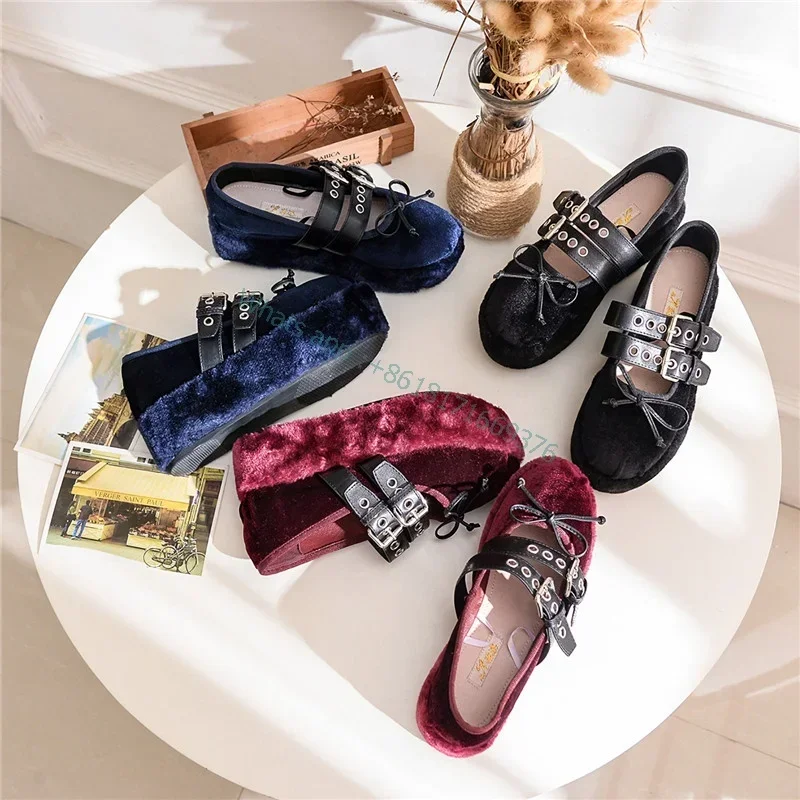 

Cute Ballet Lace Velvet Platform Shoes Inside Womens Round Toe Mary Jane Shoes Trifle Suede Fur Ankle Strap Single Sandals
