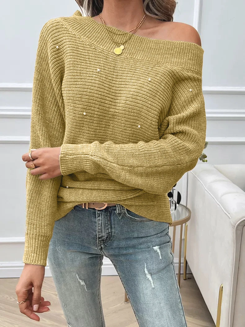 

Women's Lazy Off-Shoulder Sweater, Autumn and Winter Loose Knit Pullover, Elegant and Casual