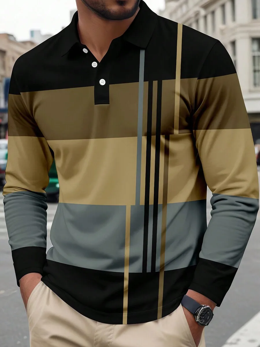 

Мужская рубашка-поло с длинным рукавом, цветными блоками и геометрическими полосками, повседневная одежда для весны и осени