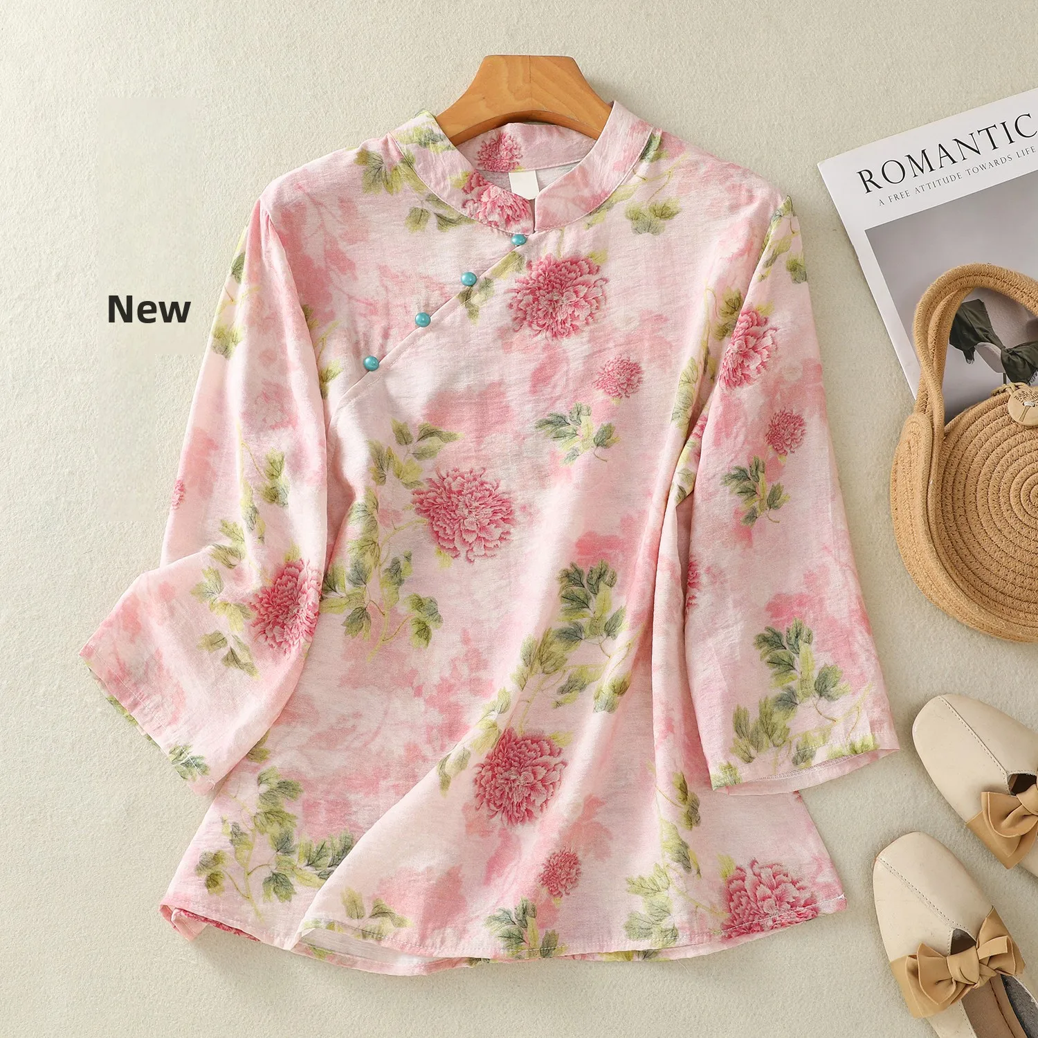 

Ретро художественный Seven-Quarter Sve с принтом irt, женский новый китайский чайный костюм в стиле дзен, костюм Тан, топ, модный повседневный костюм