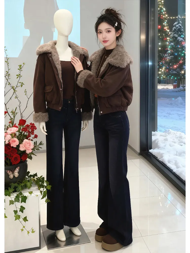 

Korean Style Casual Commute Cotton Jacket Women's Short Warm Feel Loose Fit Zipper Closure Pure Color Winter Coat