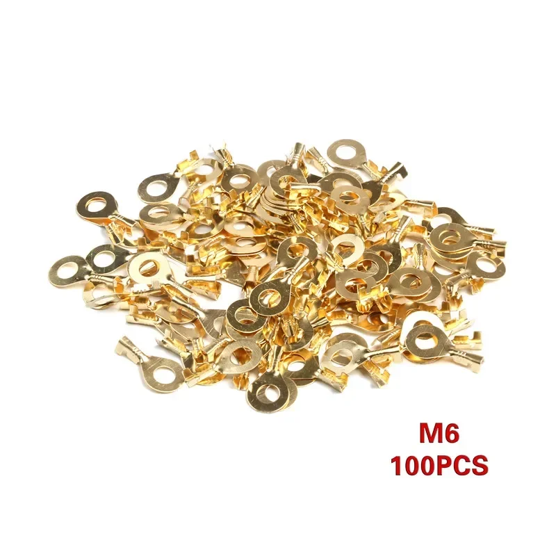 100PCS Ring Crimp Terminal Lugs Electrical Wire Cable Connectors Gold Brass M3 M4 M5 M6 M8 M10 O-Shoe Type Plug for Splice Screw