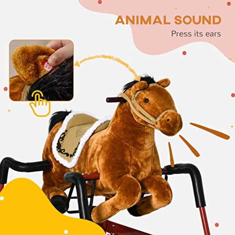 Caballo mecedora de primavera para niños, caballo paseo para niñas y niños con sonidos de animales, paseo de caballo de peluche con sensación suave, interactivo