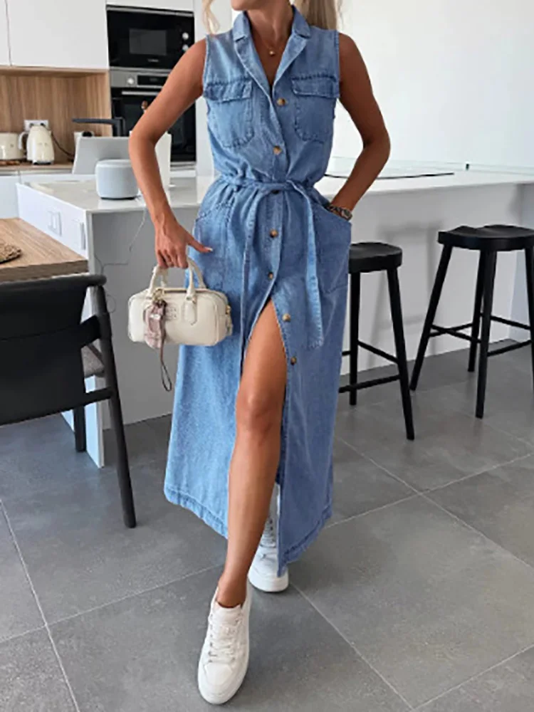 

Single-Breasted Lace-Up Cardigan Dress, Women Summer Denim Style Sleeveless Maxi Dress, 2025 Solid Turn-Down Collar Ladies Dress