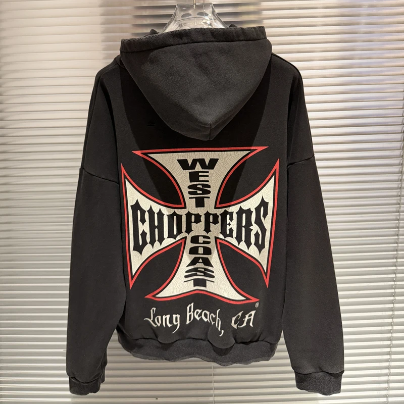 Retro West Coast Choppers Sweatshirts Winter Keep Warm Embroidered Patch Crack Print Heavy Fabric Do Old Shabby Design Hoodie