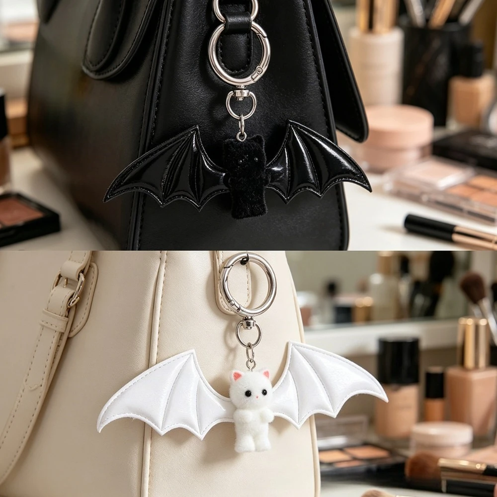Flocking Angel Wing Cat Charm Keychain for Women Cute Mini Kitten Bag Pendant Sweet Girl Phone Lanyard Keychain Accessories Gift