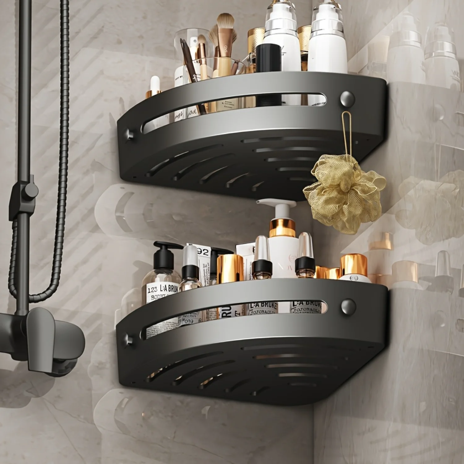 

Premium Corner Shower Caddy - Durable Bath Rack Organizer - Wall Mount Space-Saving Solution - Stylish Finish.