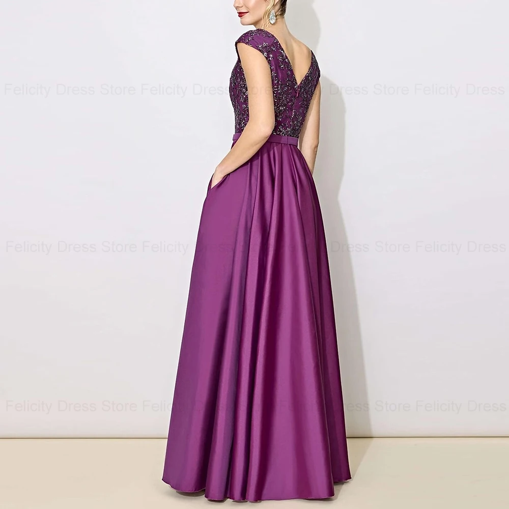 Exquisite Mother of the Bride Dresses 2024 A-Line Bateau Wedding Guest Dresses Satin Applique Sequins Floor-Length Evening Gowns