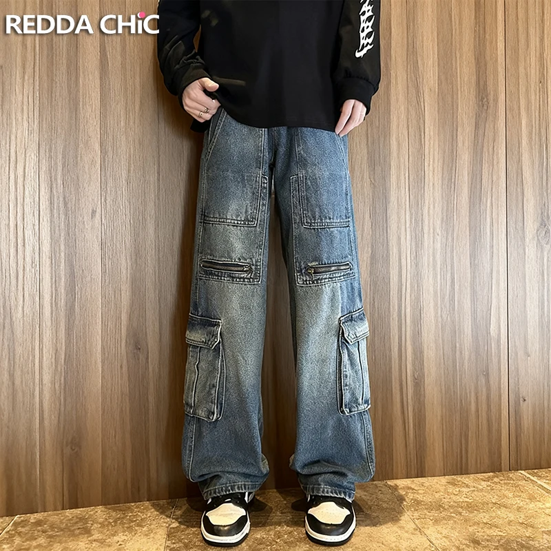 

REDDACHIC Мужские джинсы-карго в стиле ретро с декором на молнии, большие размеры, свободные прямые широкие брюки с несколькими карманами, уличная одежда в стиле хип-хоп