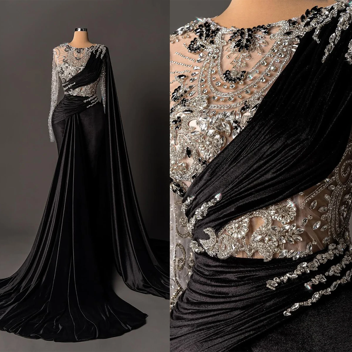 

Beads Appliques Evening Dresses Long Sleeves Mermaid Formal Occasion Gowns with Cape Shining Sequins Prom Dress Vestido De Noite