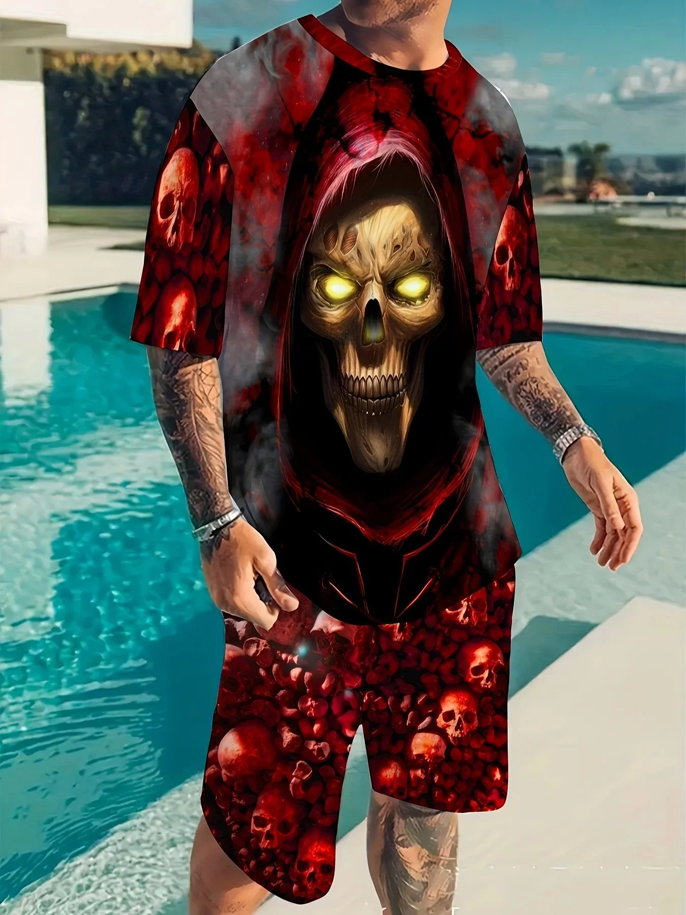 Red Terror Skull Anzüge Musterdruck, 2-teiliges Herren-Outfit, lässiges Kurzarm-T-Shirt mit Rundhalsausschnitt und Shorts-Set für den Sommer,