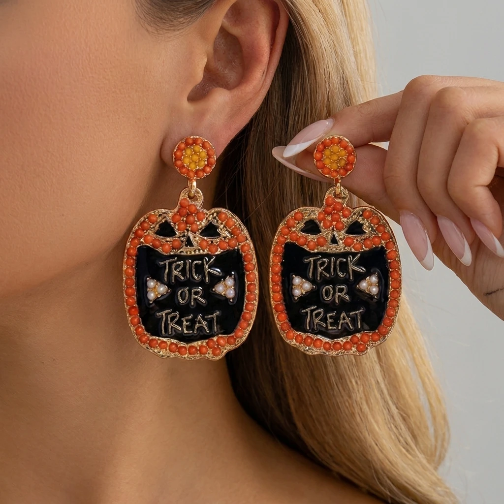 Halloween Trick or Treat Pumpkin Drop Earrings For Women Vintage Beaded Enamel Spooky Earring Gothic Party Statement Jewelry
