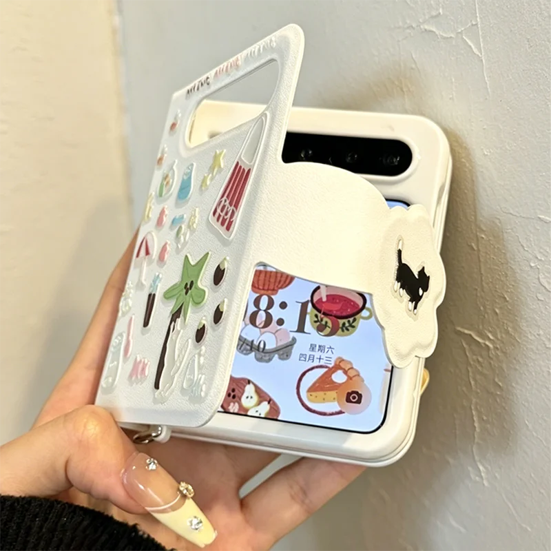 

Zflip7 Flip6 Case Cute White Book Style Leather Flip Phone Case For Samsung Z Flip7 Zflip6 Flip5 Cover With Cartoon 3d Sticker