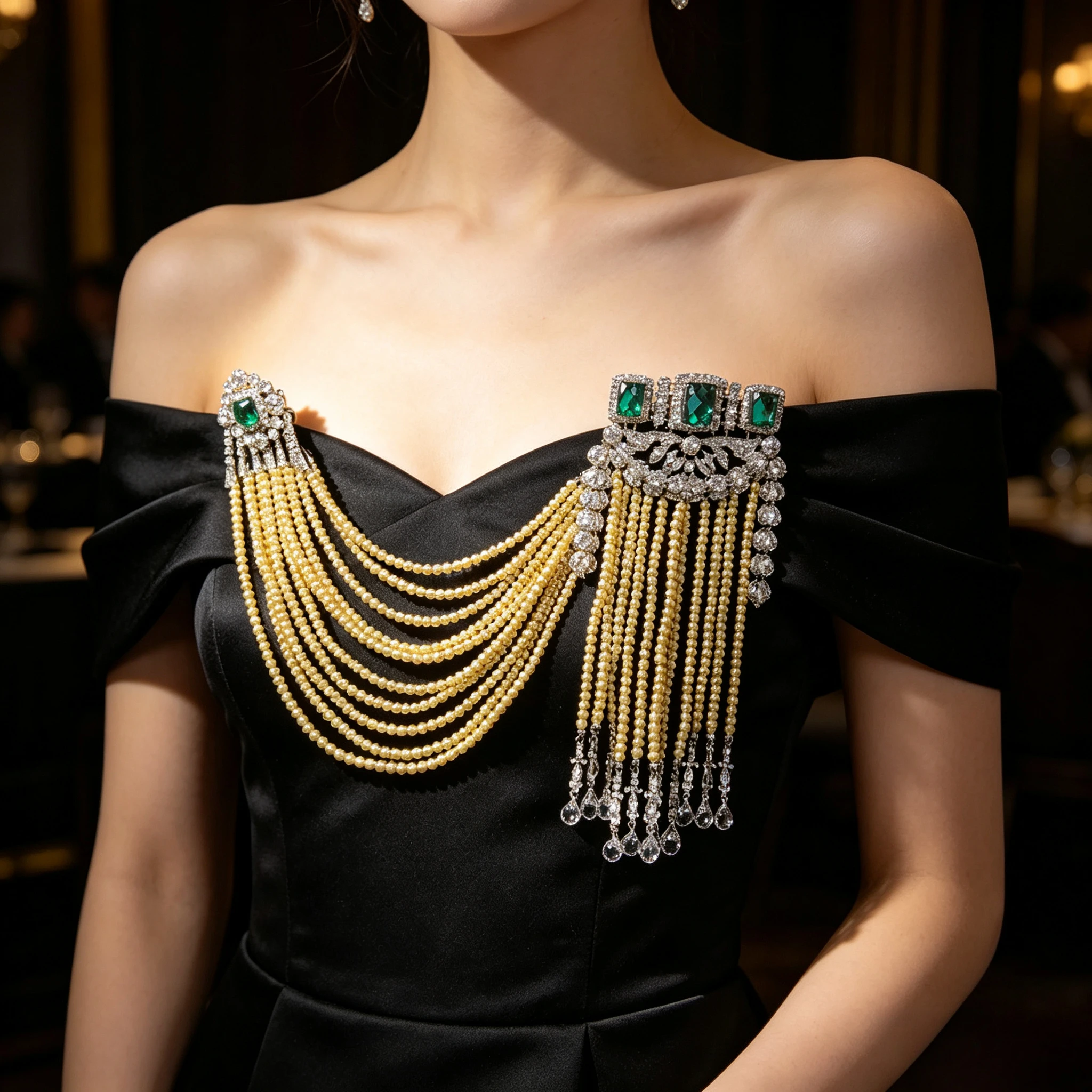 Vintage Emerald Color CZ Shoulder Brooch Set Multi Layer Pearl Tassel Rhinestone Dress Pin Women Wedding Banquet Jewelry