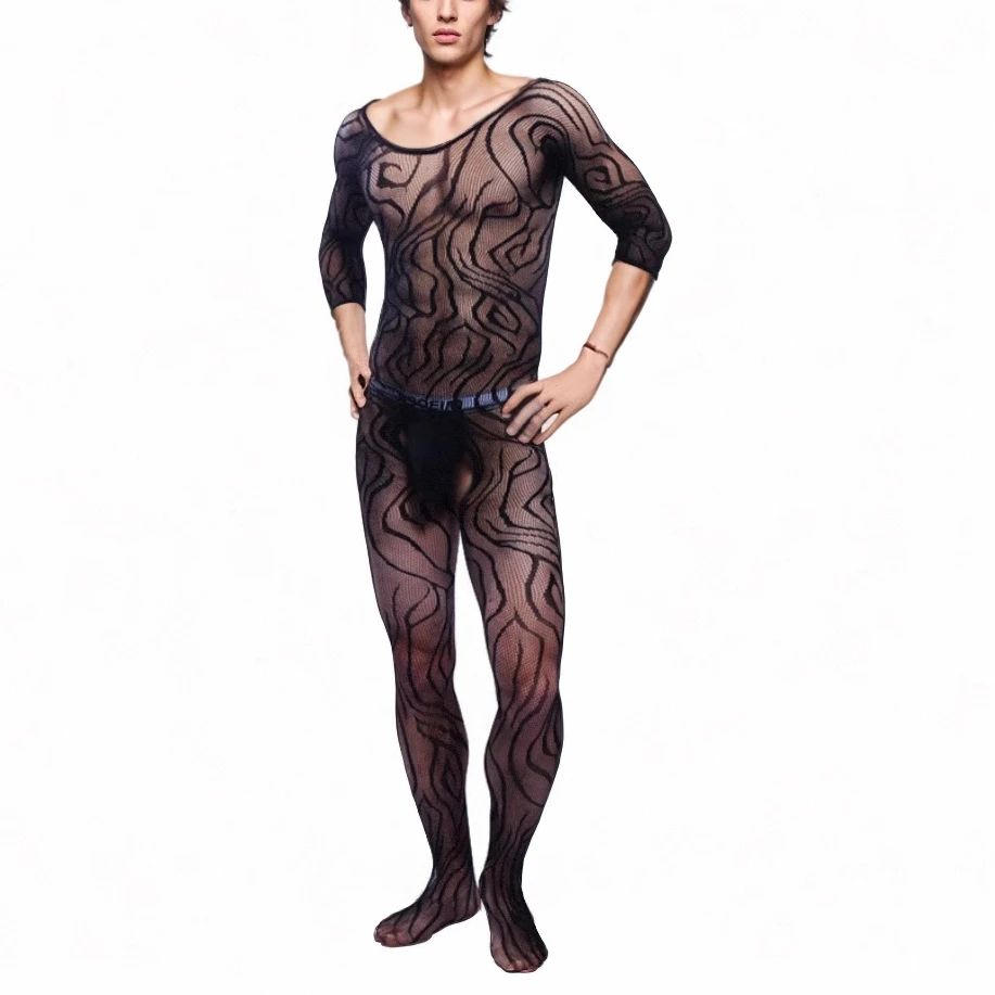 Male Mesh Pantyhose Boyfriend Sleepwear Gentlemen Movie Star Nightgown Husband Pajamas Men\'s Fetish Bodysuits Guy Bodystockings